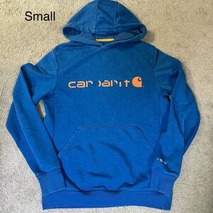Carhartt Royal Blue Hoodie with Vibrant Orange Logo, Distressed